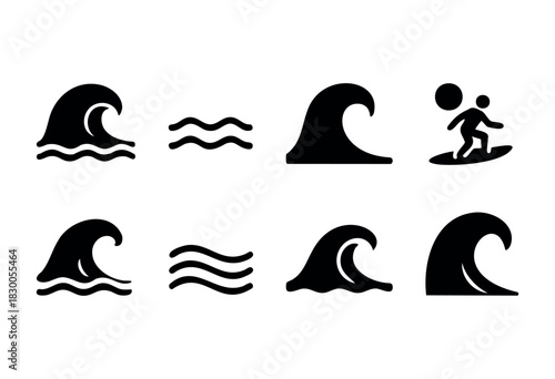 Minimalist sea wave and surfing icons — water, ocean, and surf — stock vector.