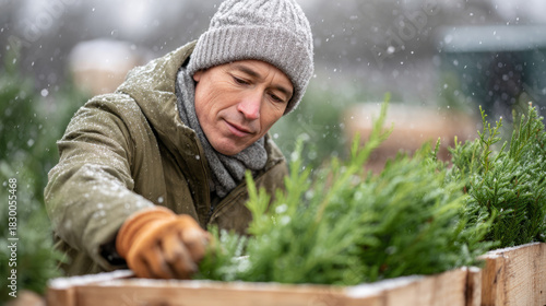 Vendor arranging mini christmas trees in snowy outdoor market scene for holiday decoration