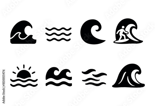 Minimalist sea wave and surfing icons — water, ocean, and surf — stock vector.