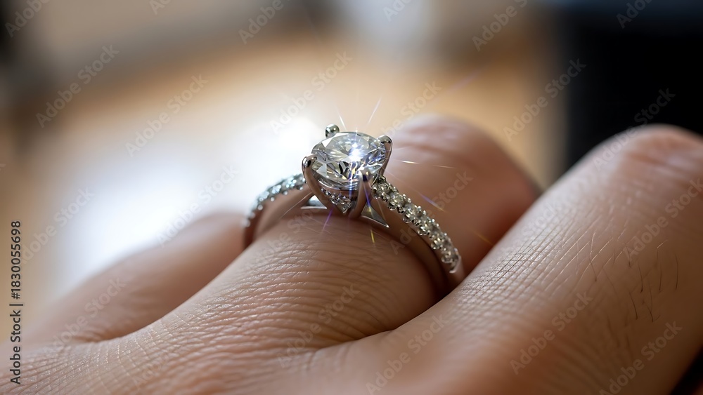 Obraz premium Gleaming diamond engagement ring on a finger, a symbol of love.