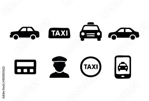 Simple taxi and transportation icons — cab, driver, and phone app — stock vector.