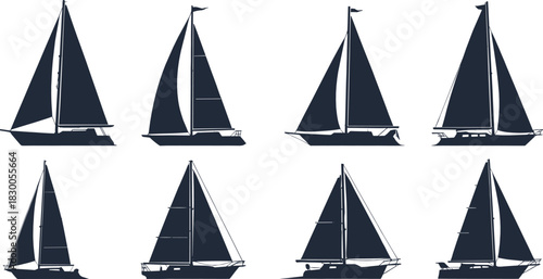 Minimalist sailboat silhouettes, nautical vector icons, marine vessel designs, sailing boat collection, ocean transport graphics, yacht shapes, maritime illustration set
