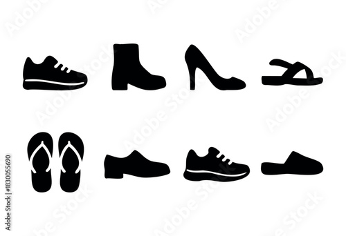Simple footwear and fashion icons — sneakers, boots, and sandals — stock vector.