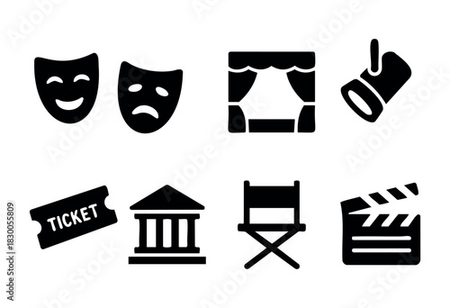 Simple theater and entertainment icons — masks, stage, and director chair — stock vector.