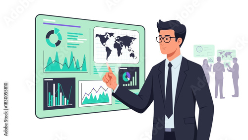 Professional presentation in modern office with data analytics and global statistics