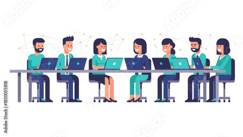 Collaborative teamworking at office desk with laptops in modern flat design