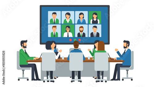 Remote team conference in modern office with online video call