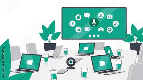 Modern conference room setup with video conferencing technology and green accent decor