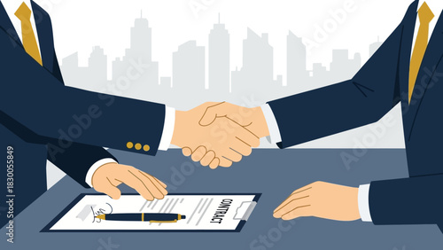 Business agreement concept with handshake and contract in modern flat design