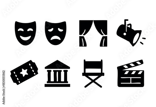 Simple theater and entertainment icons — masks, stage, and director chair — stock vector.