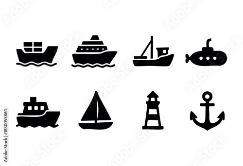 Minimalist ship and boat icons — yacht, submarine, and lighthouse — stock vector.
