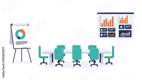 Modern office meeting room with conference table and presentation charts