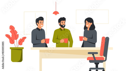 Office team enjoying coffee break in minimalistic workspace setting