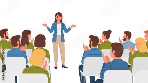 Confident speaker engages audience in interactive presentation