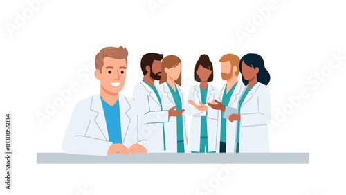 Team of diverse doctors in discussion with smiling colleague in lab coat