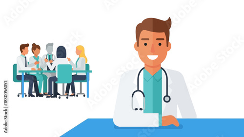 Friendly medical team meeting with smiling doctor in flat design
