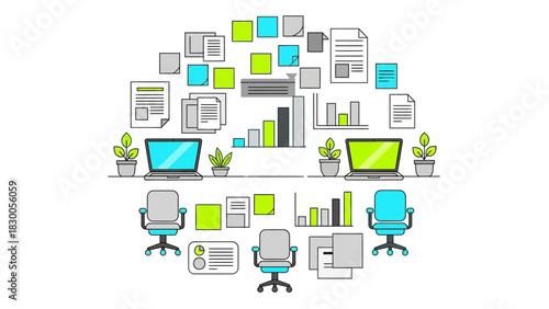 Modern office layout with computers and documents in flat design