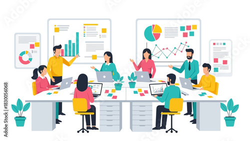 Business team collaboration in modern office with data presentation