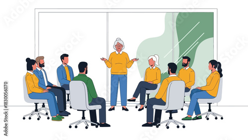 Team meeting with diverse group and senior leader in modern office space