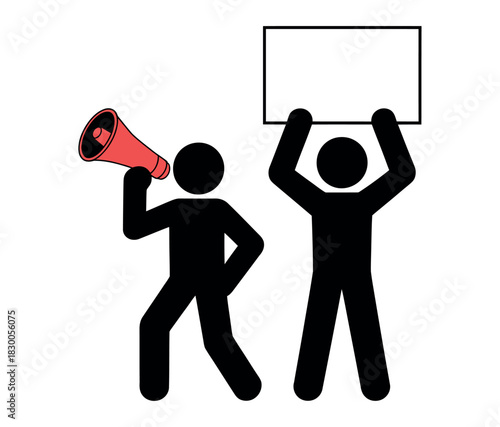 Two stick figures protesting with a megaphone and a blank sign