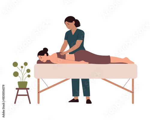 Therapist giving relaxing massage to woman on a wellness table in a serene spa setting.