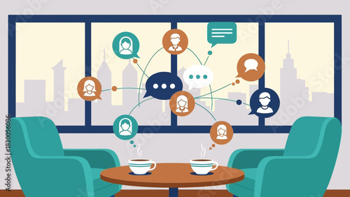 Teamwork and communication concept in office lounge setting with digital networking