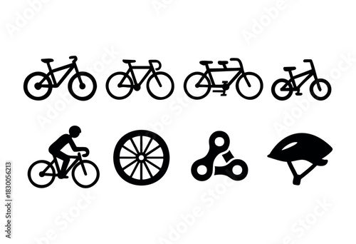 Minimalist cycling and sport icons — bike, helmet, and wheel — stock vector.