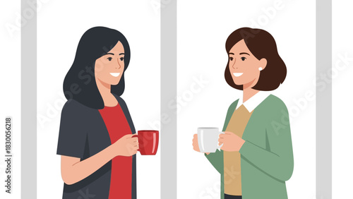 Two colleagues enjoying coffee break in office setting