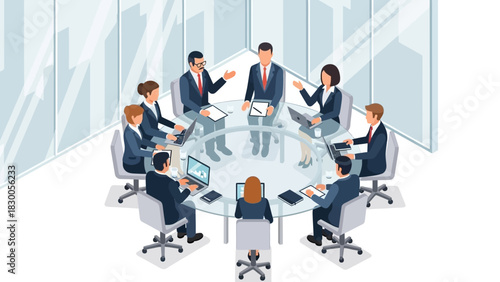 Business meeting in modern office room with professionals collaborating around glass table