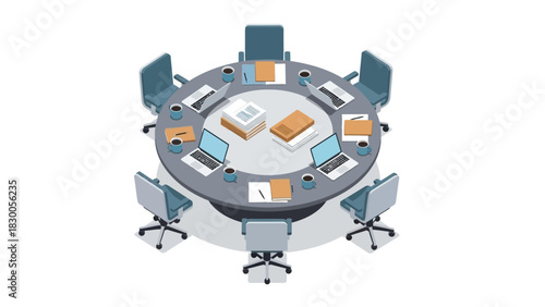 Modern office meeting room with round table, laptops, books, and coffee cups