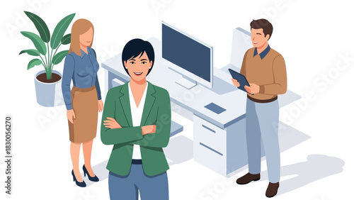 Professional team collaboration in modern office setting with confident businesswoman