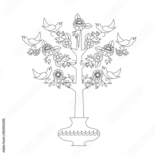 Blooming tree in pot, birds coloring page. Cute cartoons outline plant for coloring book for children, for adult. Monochrome stock vector illustration for web, for print