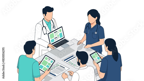 Healthcare team collaborating: doctors and nurses discussing patient data on digital devices