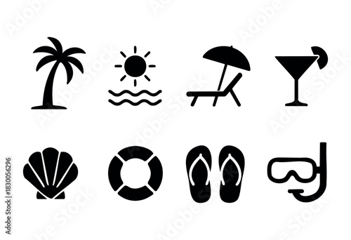 Minimalist beach and summer icons — palm, cocktail, and snorkel — stock vector.