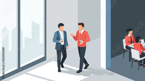 Business professionals engaged in office dialogue with coworkers in a modern isometric workspace