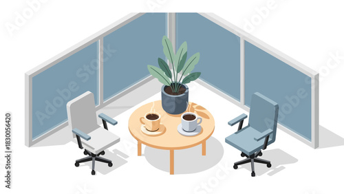 Cozy office meeting space with coffee and plant in isometric perspective