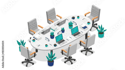 Modern office meeting room with laptops and plants in isometric perspective