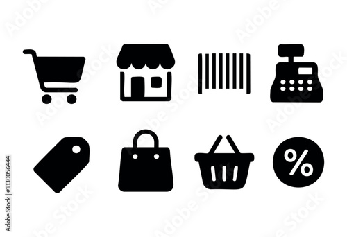 Simple shopping and commerce icons — cart, barcode, and bag — stock vector.