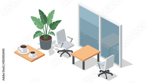 Modern office scene with coffee break setup in isometric style
