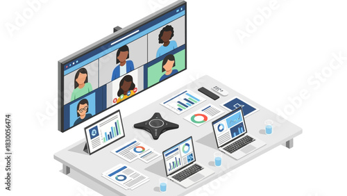 Remote team meeting with diverse participants using video conference technology