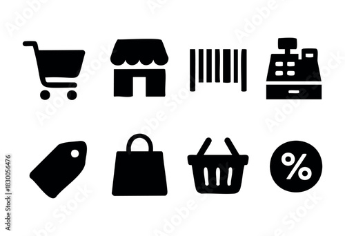 Simple shopping and commerce icons — cart, barcode, and bag — stock vector.