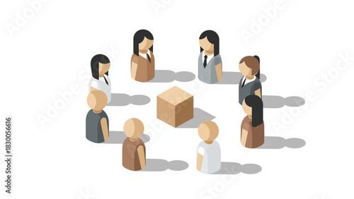 Isometric team meeting around a table with diverse professionals in discussion