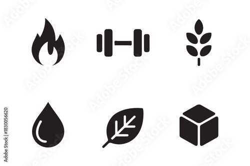 Set of six black icons representing health and wellness concepts