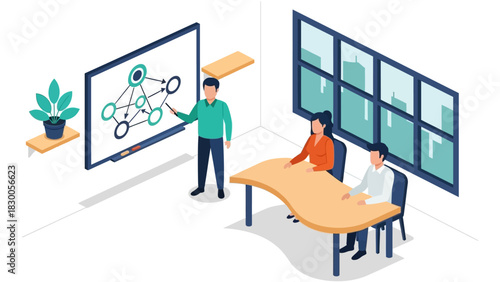 Team collaboration in isometric office setting with presentation board