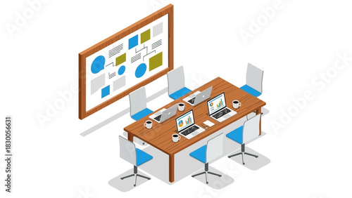 Isometric office meeting room with presentation board and laptops
