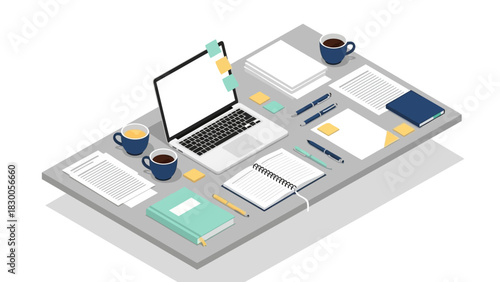 Organized isometric office workspace with laptop and stationery on desk