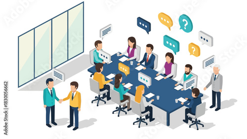 Isometric corporate meeting with diverse group discussing and collaborating in office