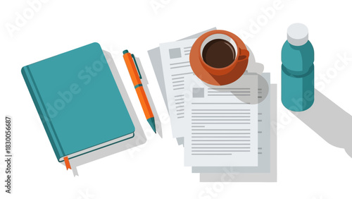 Office essentials: flat design featuring coffee, notebook, and documents