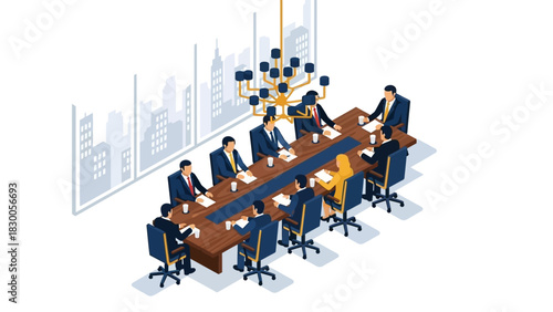 Isometric business meeting in modern conference room with executive team