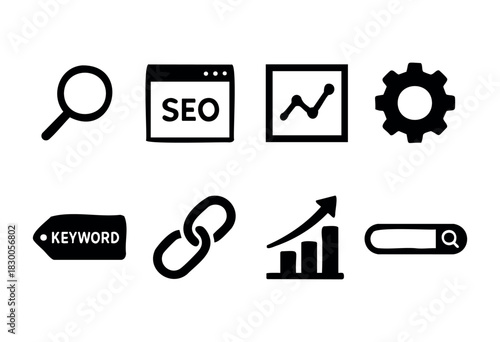 Minimalist SEO and web optimization icons — search, link, and analytics — stock vector.
